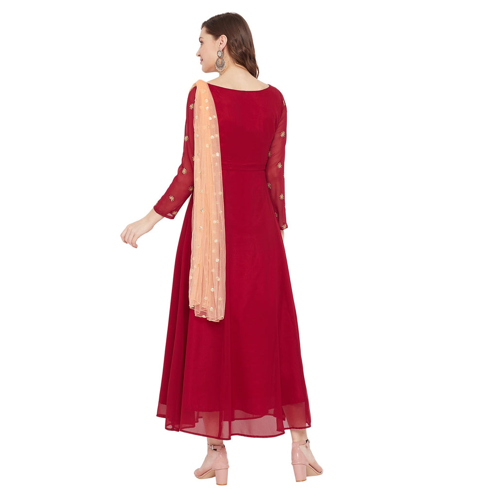 Women Maroon Embellished Maxi Dress With Dupatta
