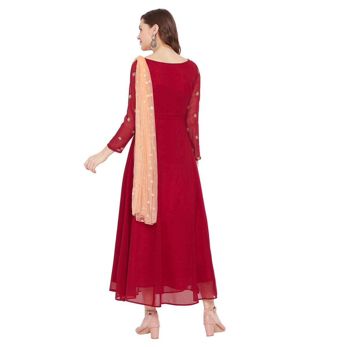 Women Maroon Embellished Maxi Dress With Dupatta