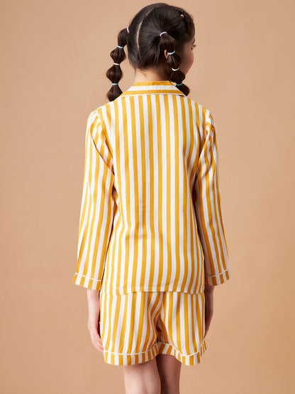 Girls Yellow Striped Shorts Night Suit Sets