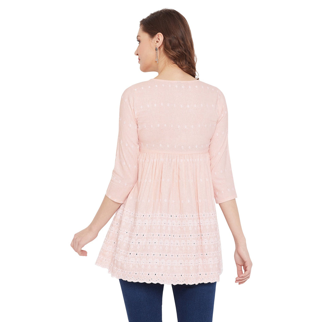 Women Peach Schiffli A-Line Flared Top
