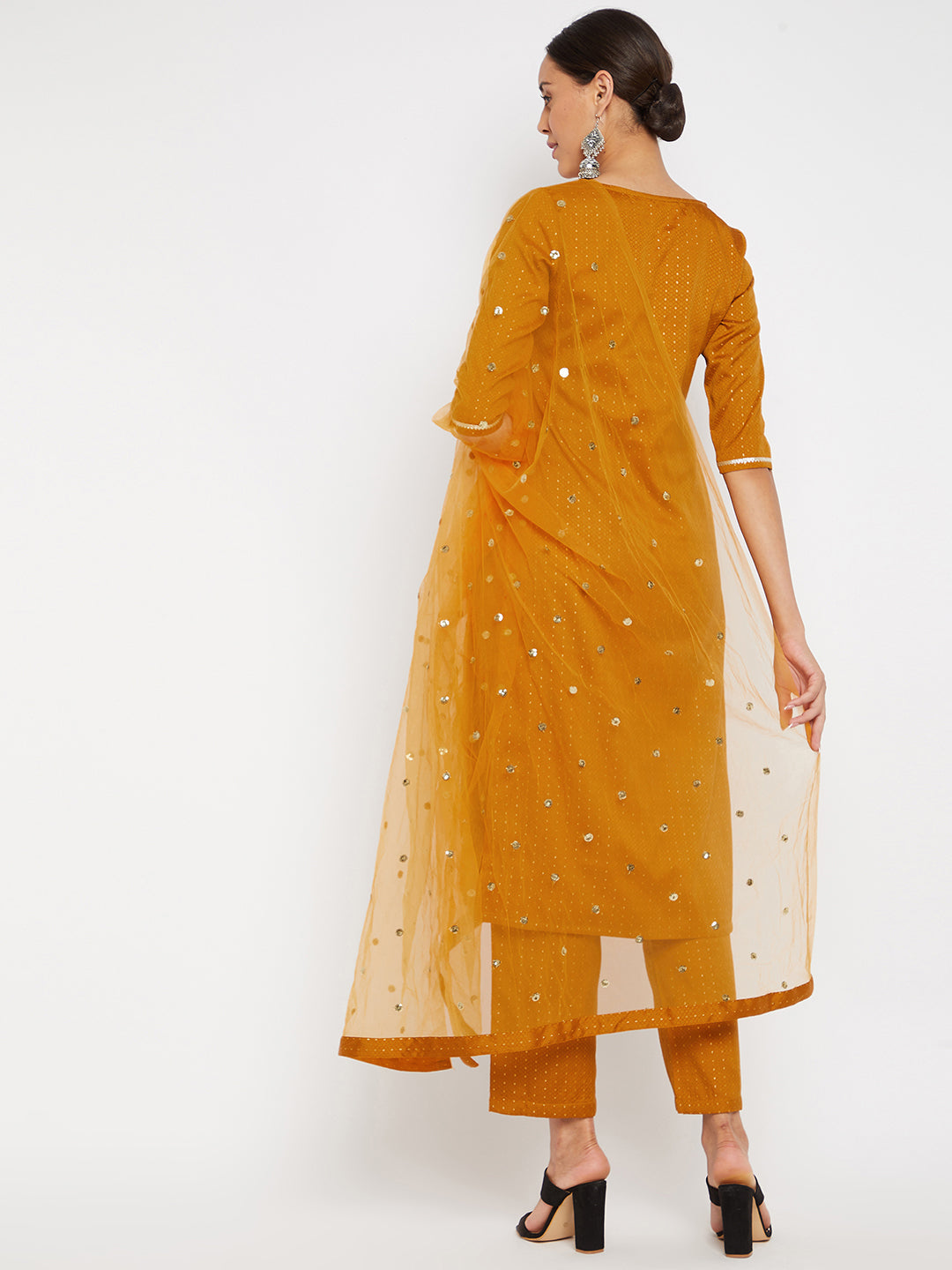 Women Mustard Blue Sequin Straight Kurta Set with Dupatta