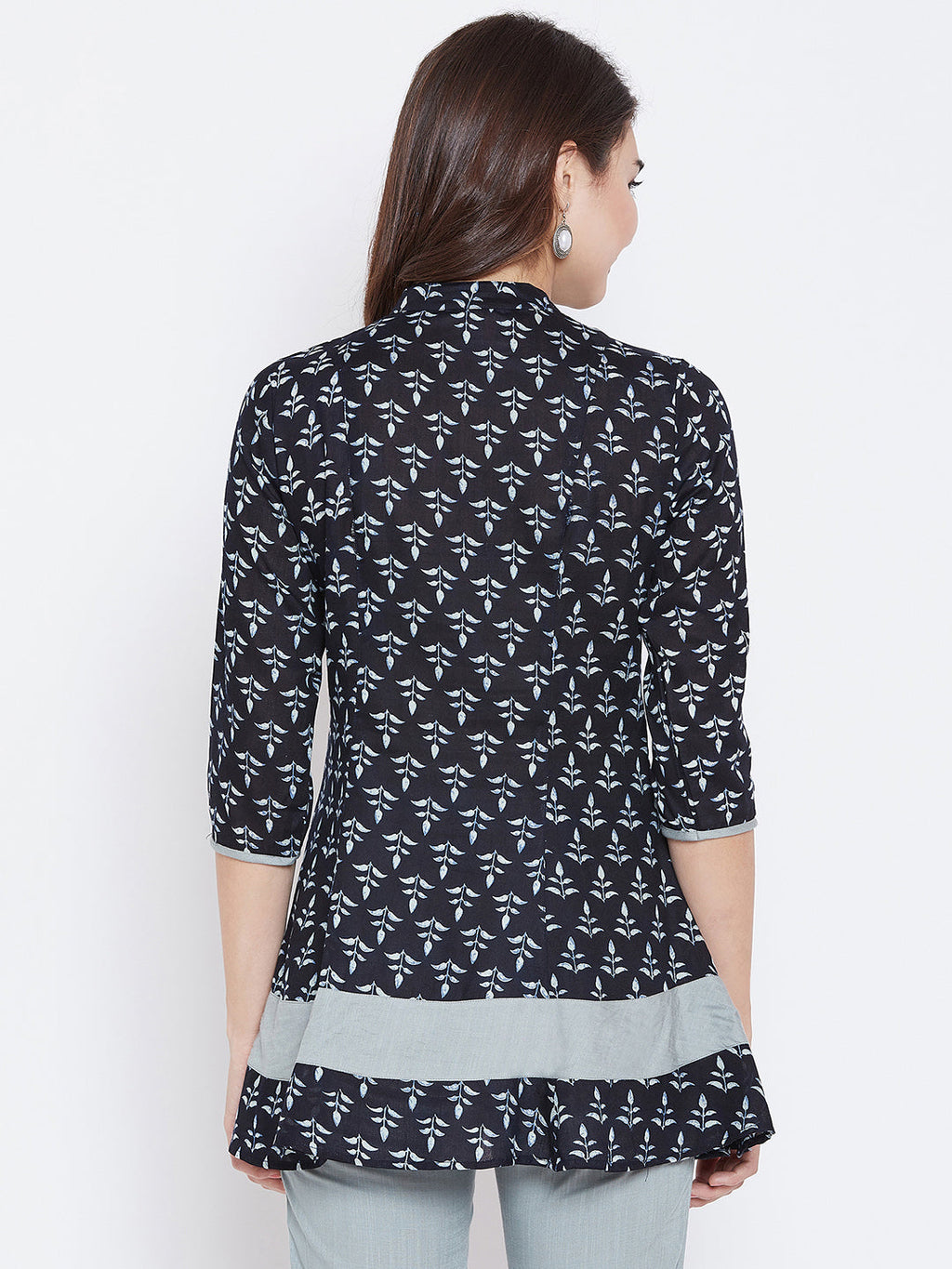 Navy Blue & Grey Printed Pure Cotton A-Line Pure Cotton Kurti