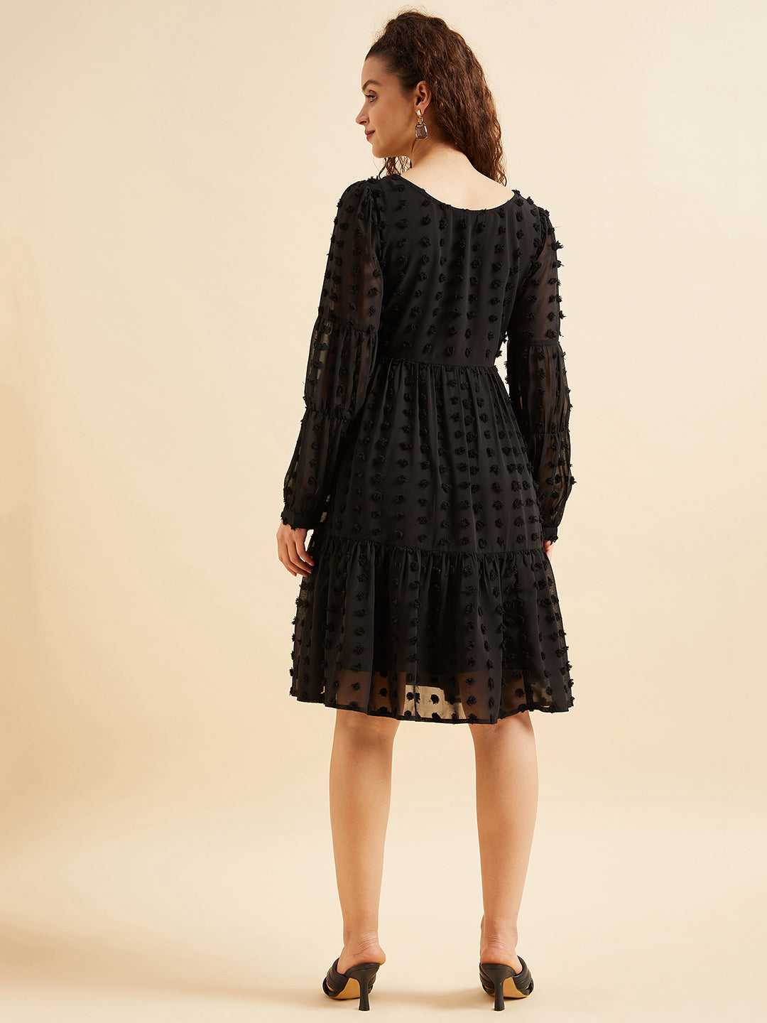 Women Black Puffed Sleeves Tiered Fit  Flare Georgette Dress