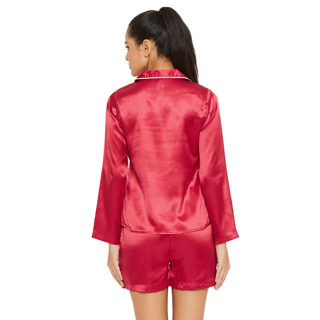 Women Red Satin Finish Solid Night Suit