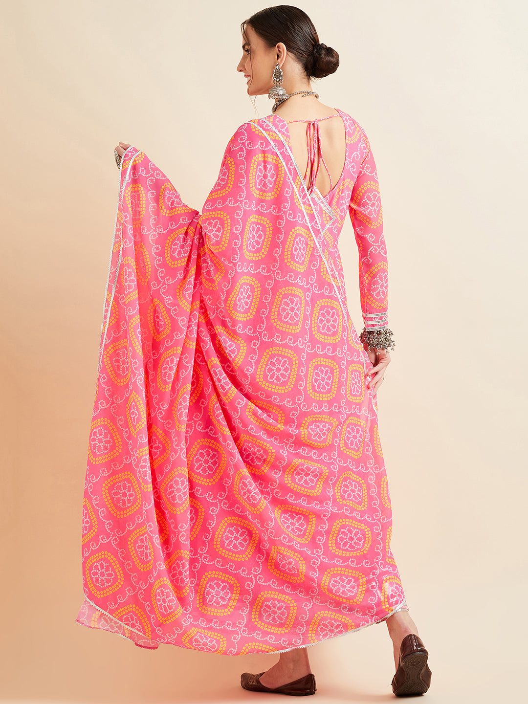 Bandhani Printed Fit & Flared Maxi Ethnic Dress With Dupatta