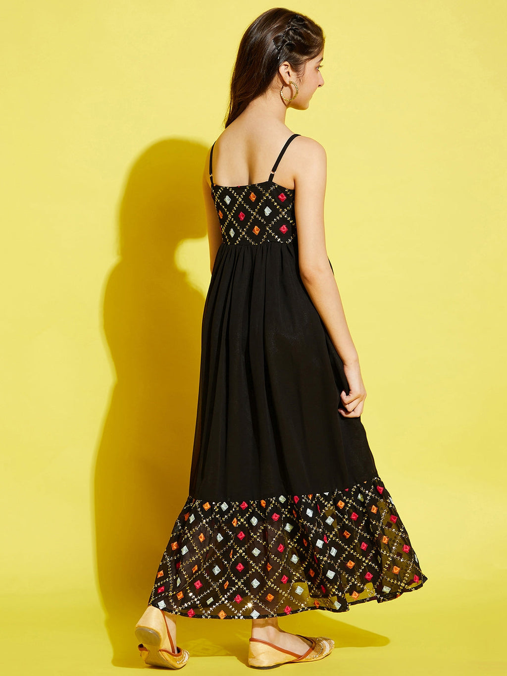 Girls Black & Red Floral Embroidered Ethnic Maxi Dress