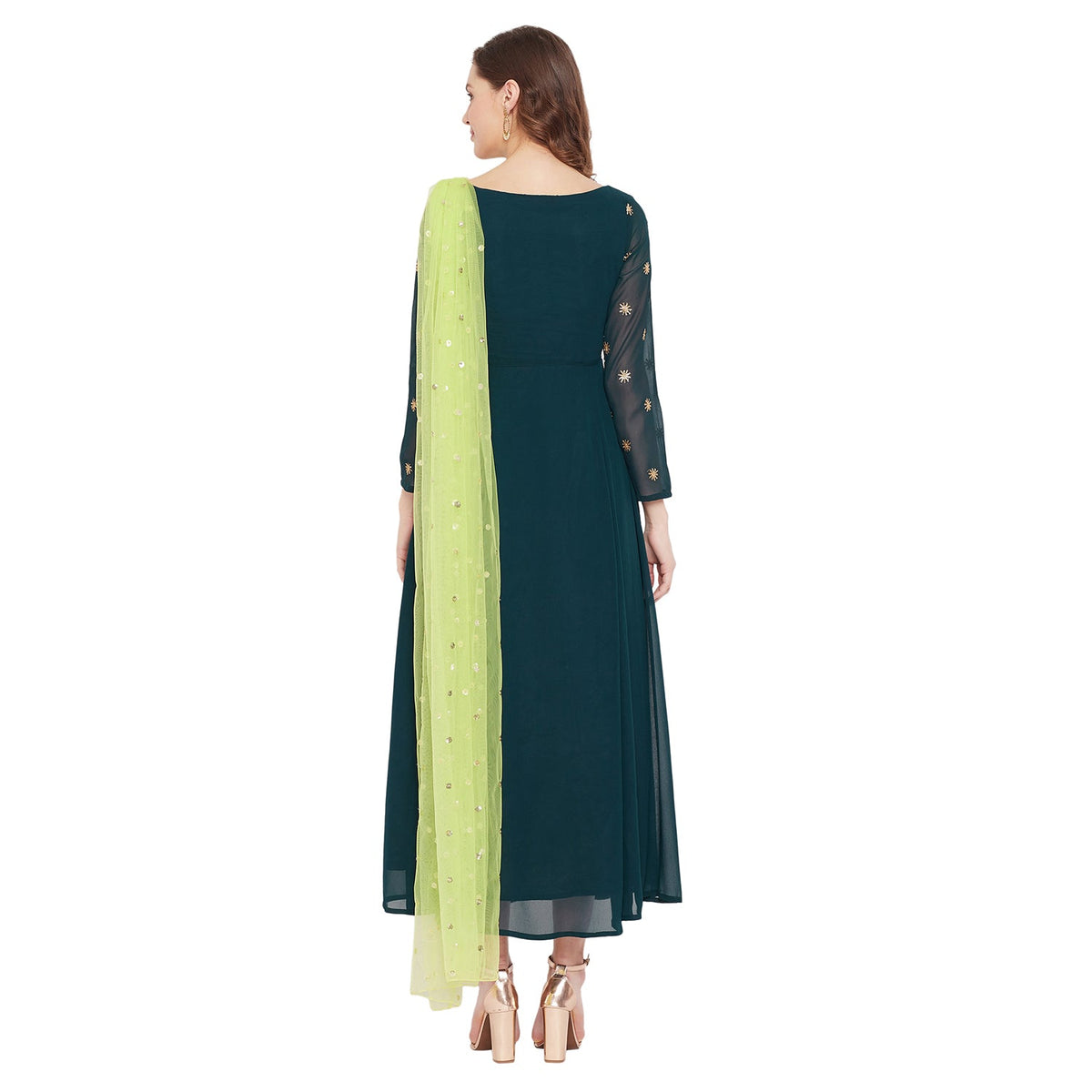 Women Green Embellished Maxi Dress With Dupatta