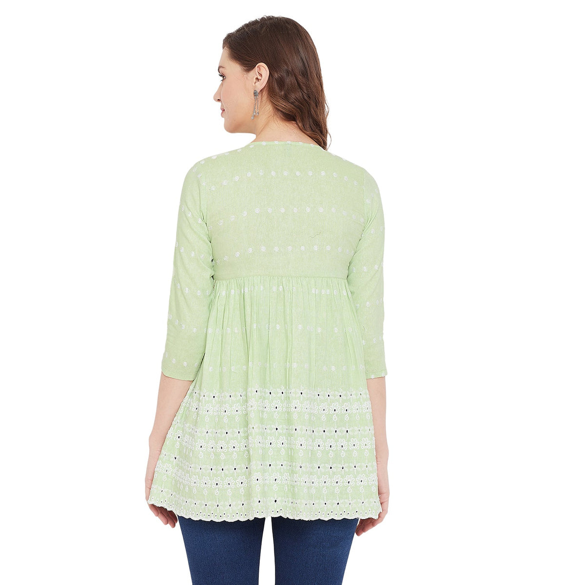 Women Lime Green Schiffli A-Line Flared Top