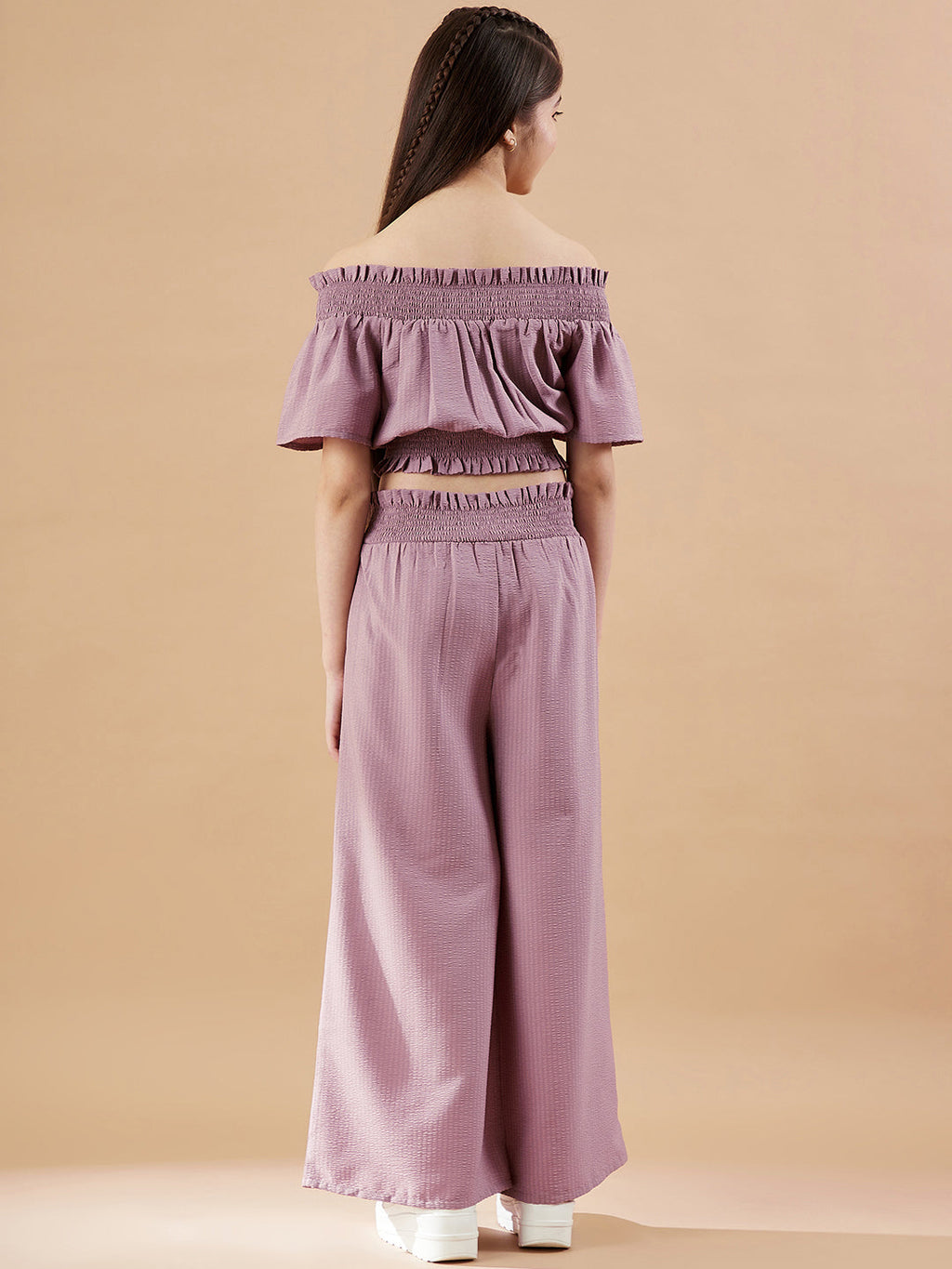 Girls Off-Shoulder Mauve Top with Trousers