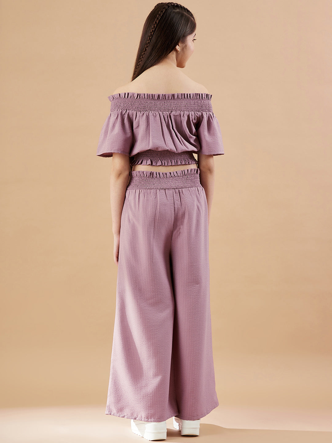 Girls Off-Shoulder Mauve Top with Trousers