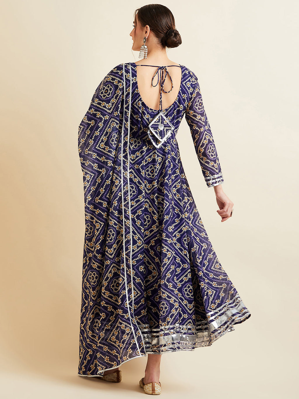 Blue Bandhani Printed Fit & Flared Maxi Ethnic Dress With Dupatta