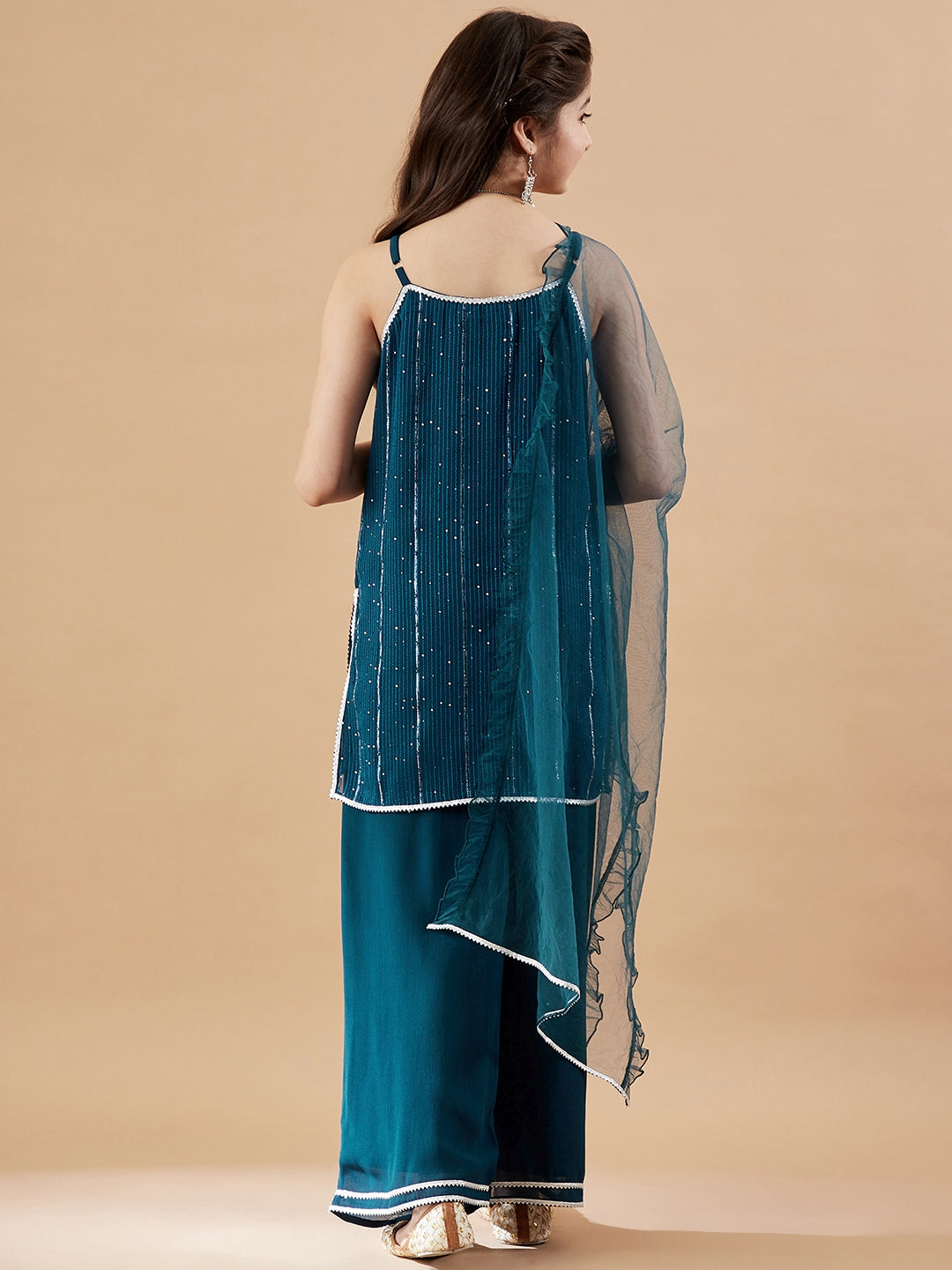 Girls Embroidered Sequinned Kurta with Palazzos & With Dupatta