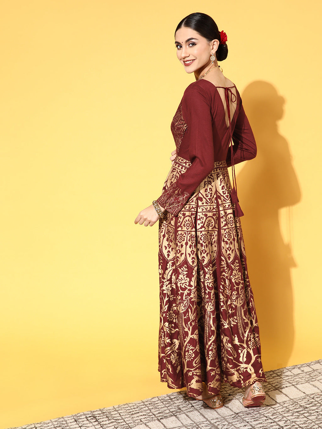 PANIT Maroon Ethnic Motifs Swirling Volume Dress