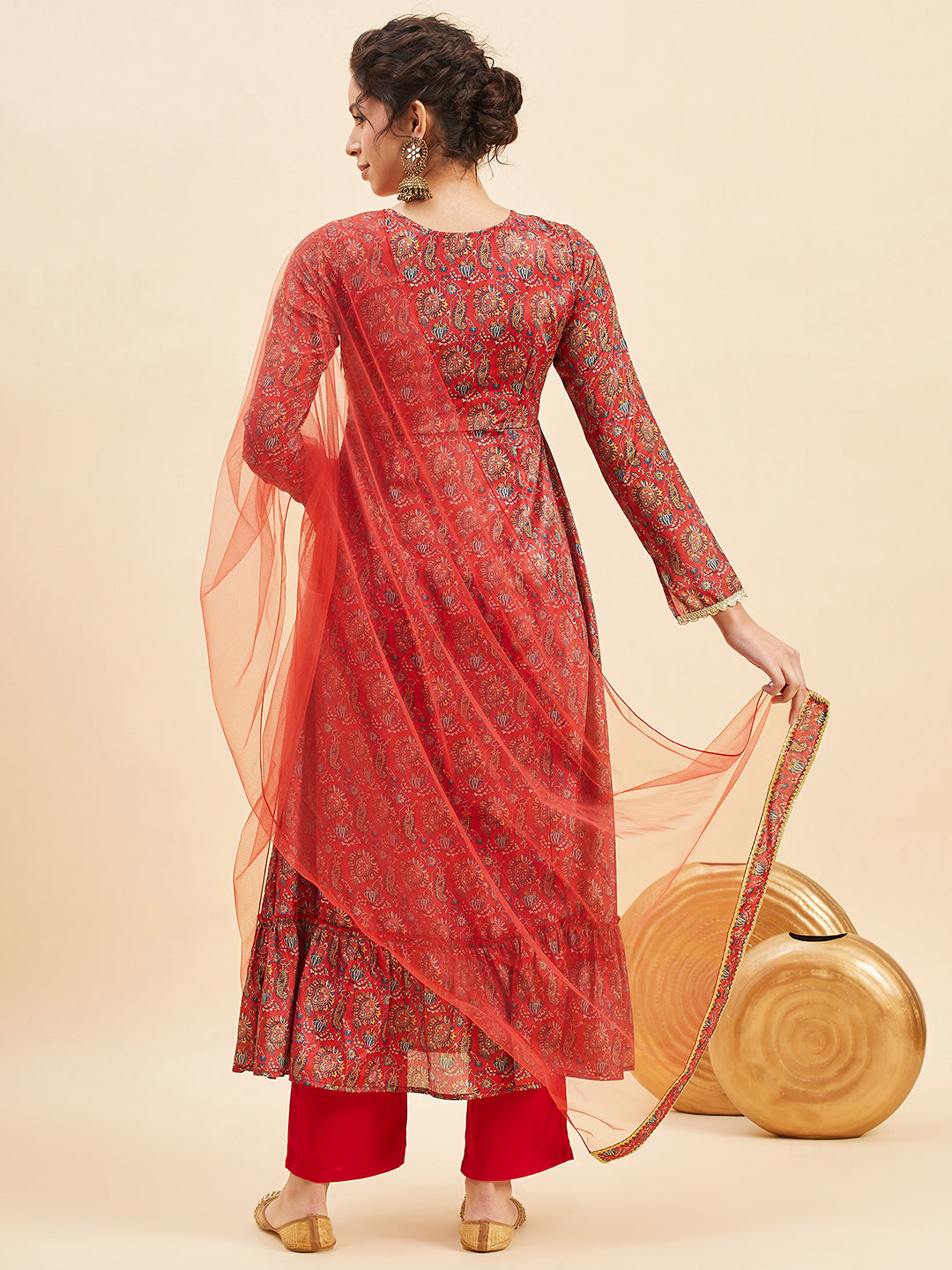 Floral Printed Empire Anarkali Kurta With Trousers & Dupatta