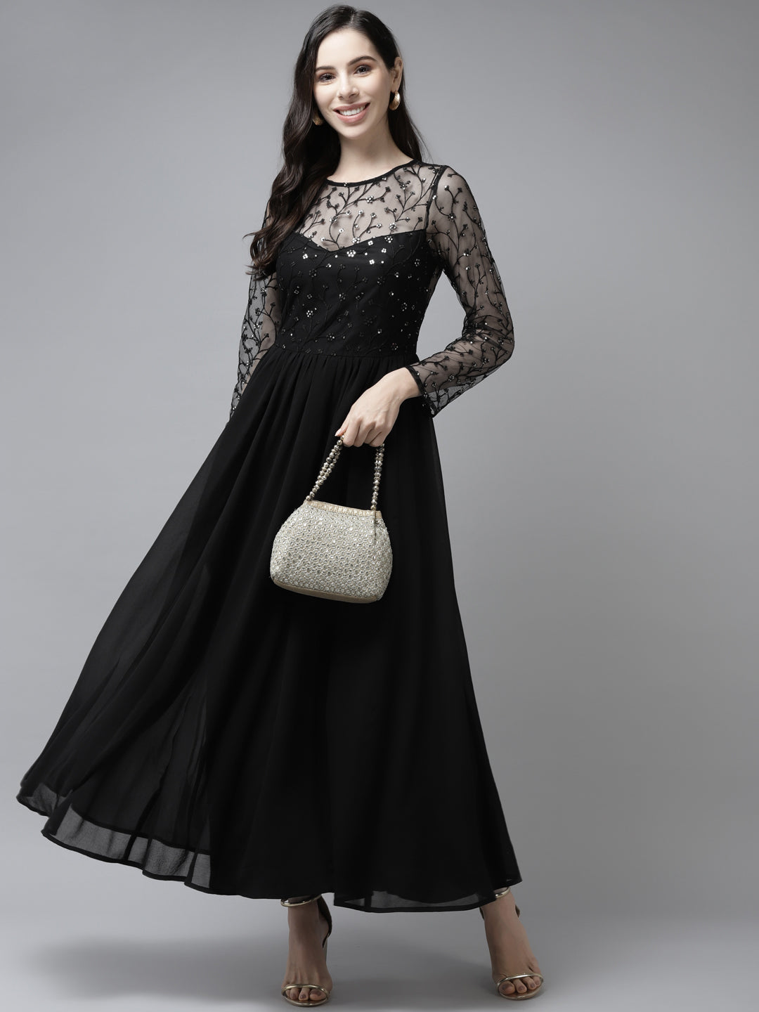 PANIT Women Black Floral Embroidered Maxi Dress