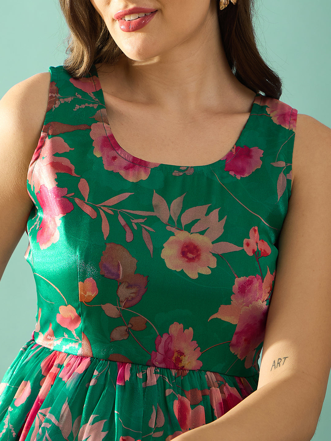 Green Floral Print Fit & Flare Dress