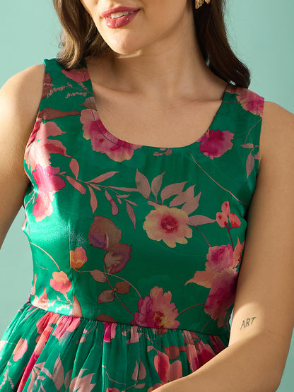 Green Floral Print Fit & Flare Dress