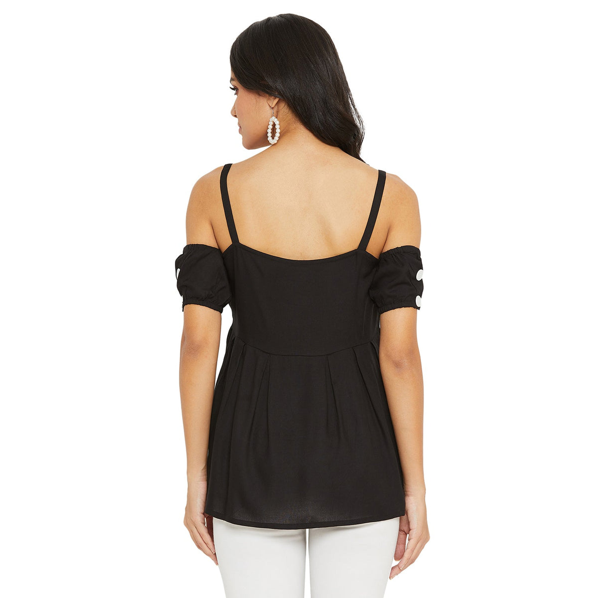 Black Solid Off Shoulder Puff Sleeves Bardot Top