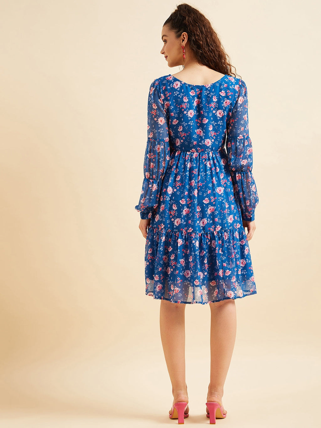 Puffed Sleeves Floral Printed Tiered Fit & Flare Georgette Dress