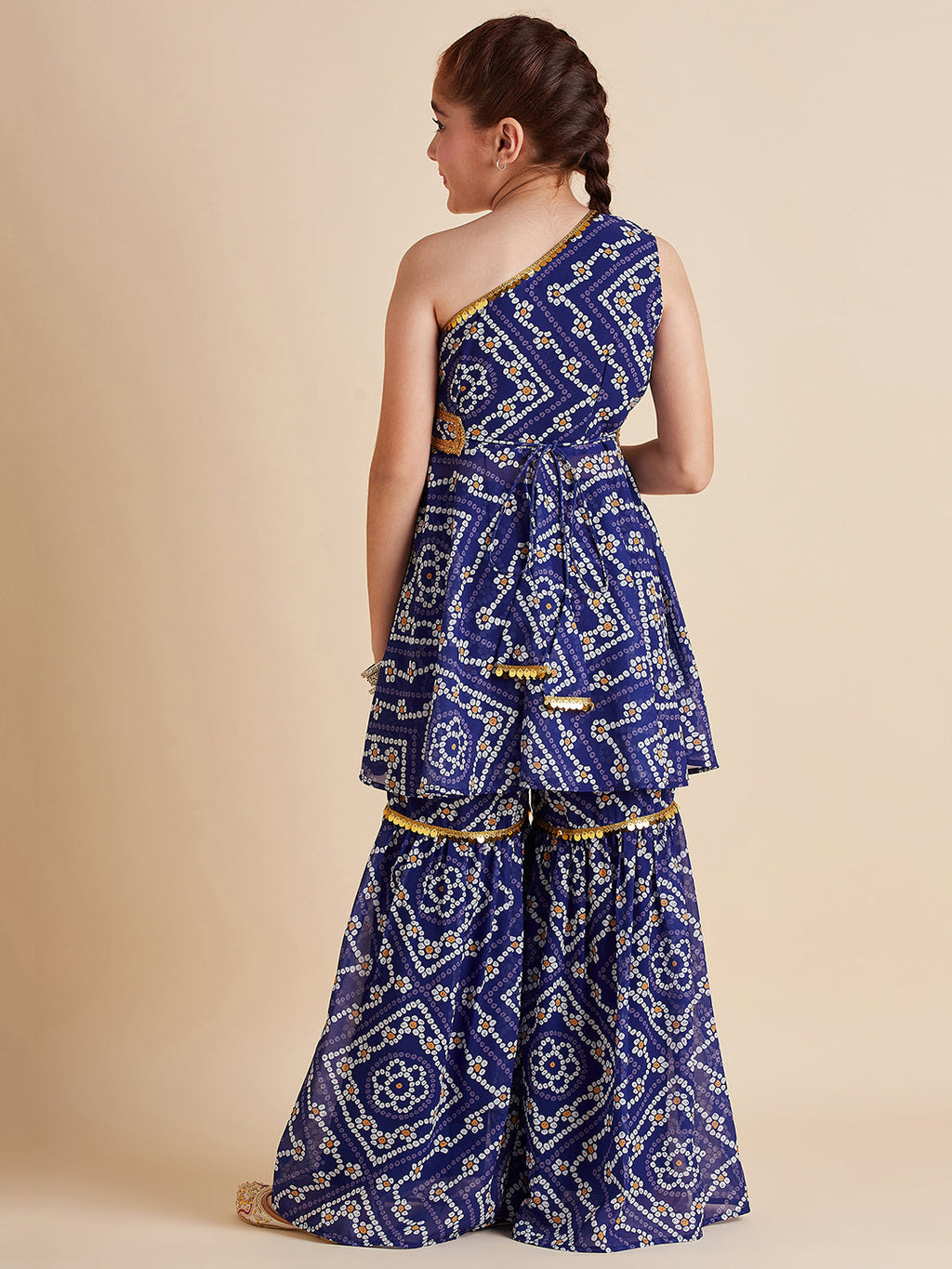 Girls Blue Bandhani Printed Empire Gotta Patti Kurta with Sharara