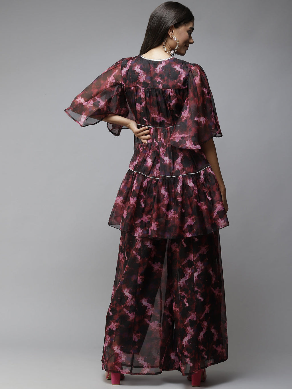 PANIT Women Black Printed Tiered Zardozi Kurti with Palazzos