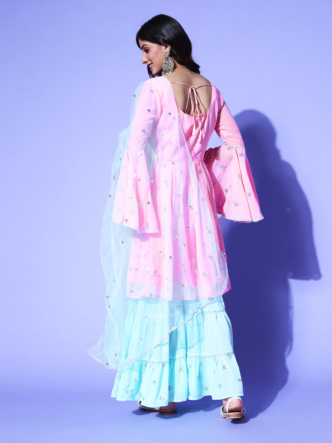 Embroidered baby pink kurta and baby blue sharara with matching embroidered dupatta