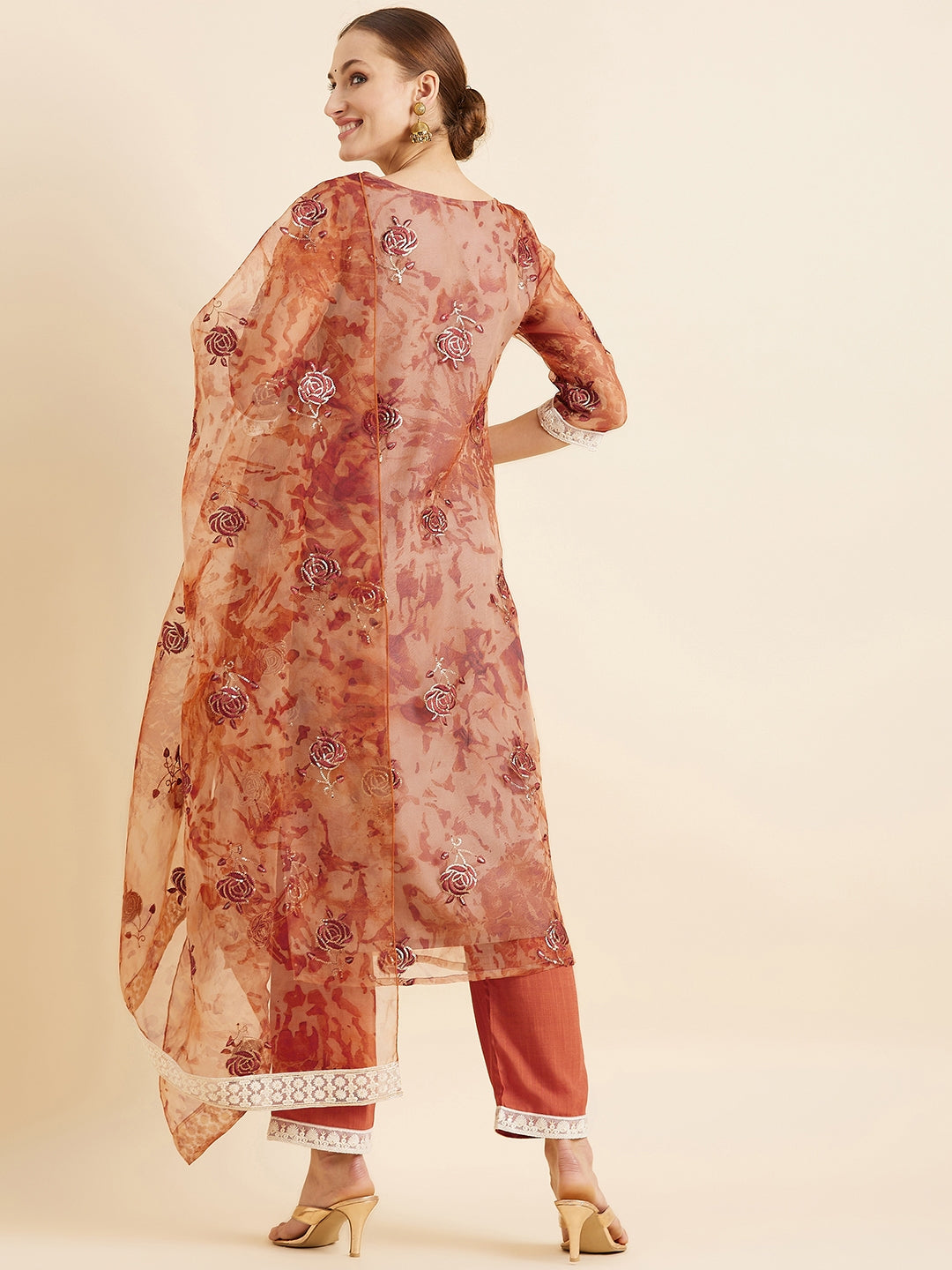 Floral Embroidered Kurta With Trousers & Dupatta