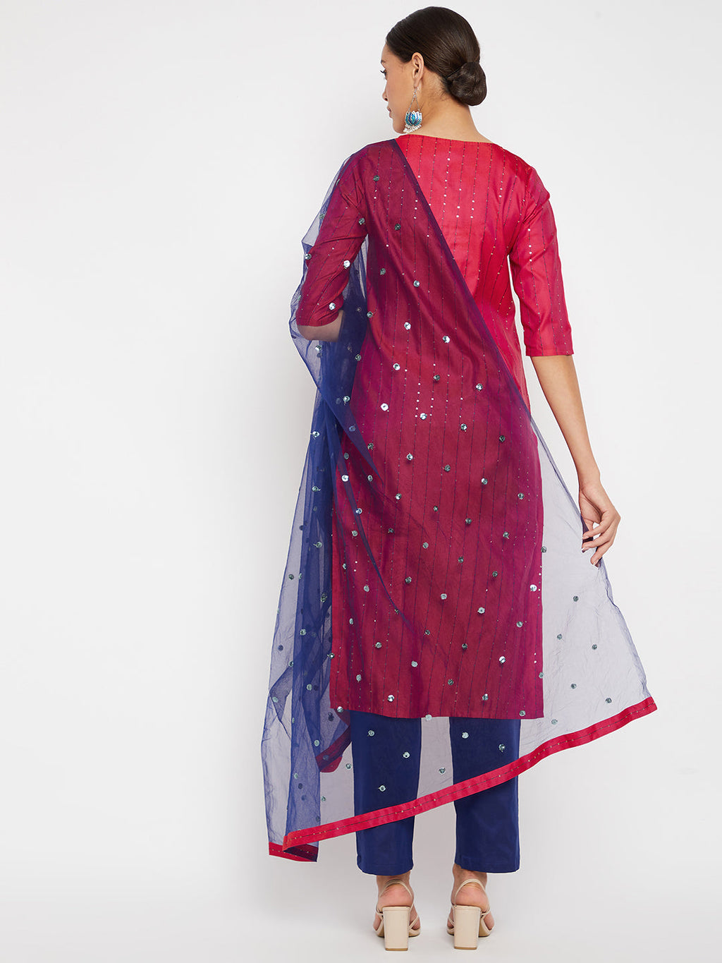 Women Magenta Blue Sequin Straight Kurta Set with Dupatta