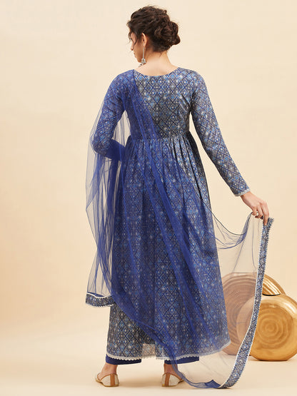 Geometric Printed Empire Anarkali Kurta With Trousers & Dupatta