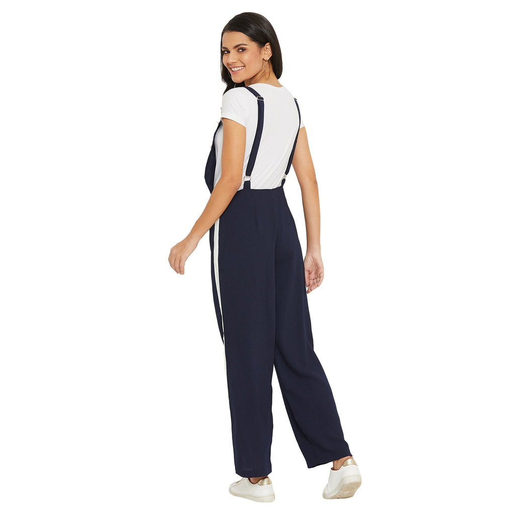Navy Blue solid dungarees with side stripes detail