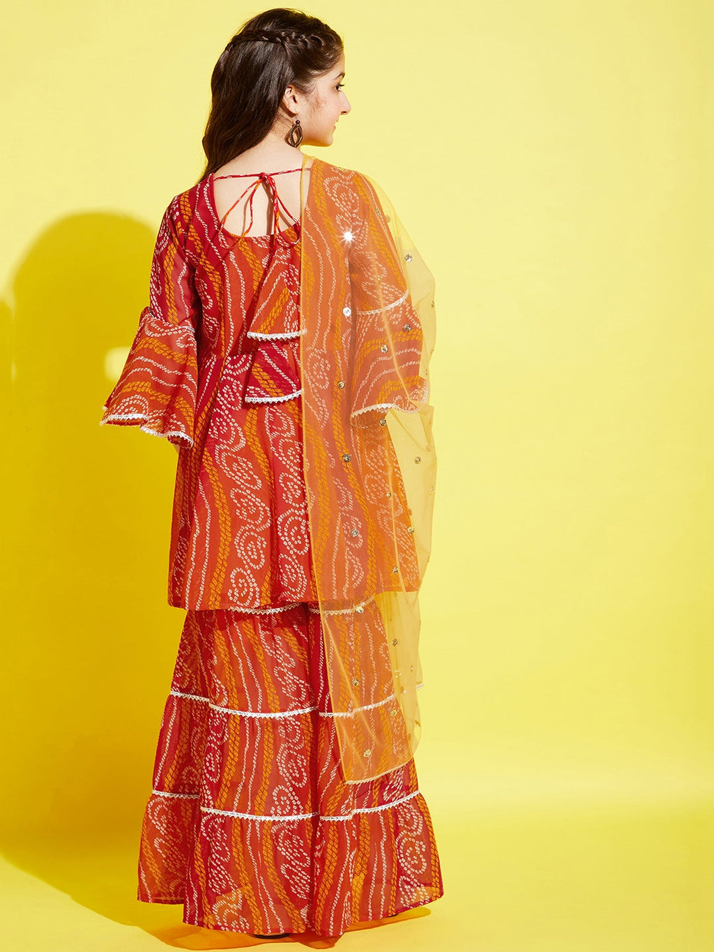 Girls Orange Bandhani Printed Empire Kurta with Sharara & Dupatta