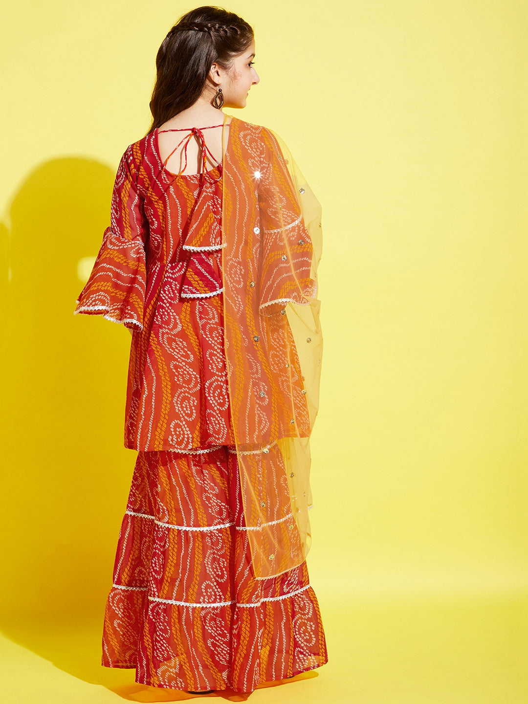Girls Orange Bandhani Printed Empire Kurta with Sharara & Dupatta