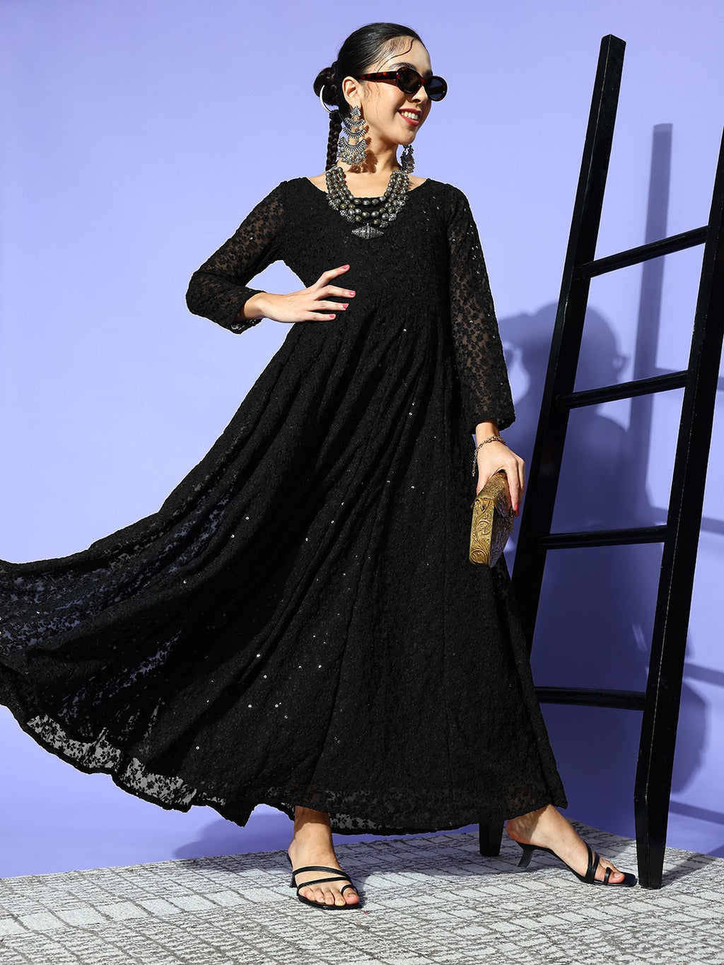Women Stunning Black Ethnic Motifs Gown for Days