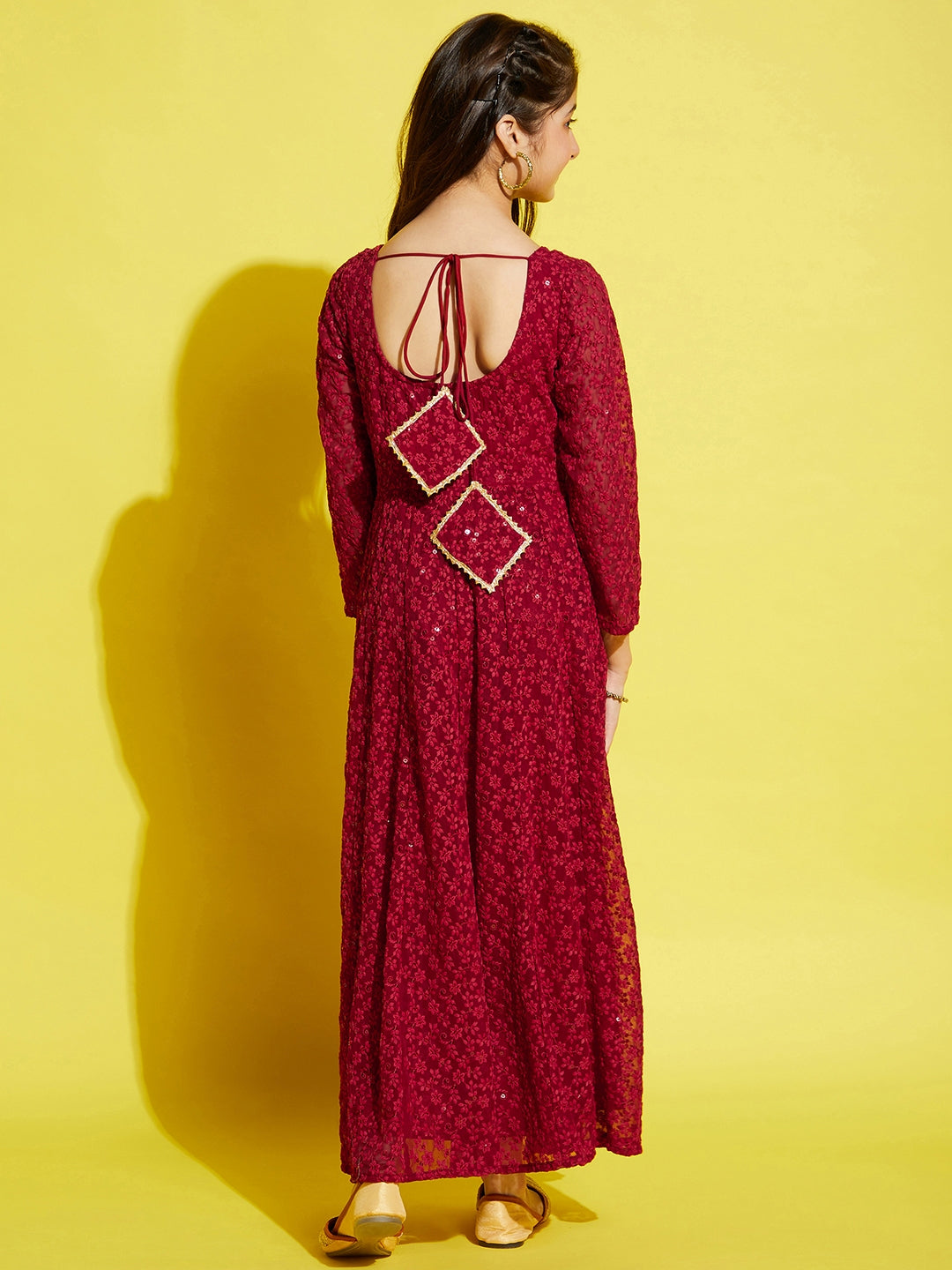 Girls Floral Embroided Maxi Dress - Maroon