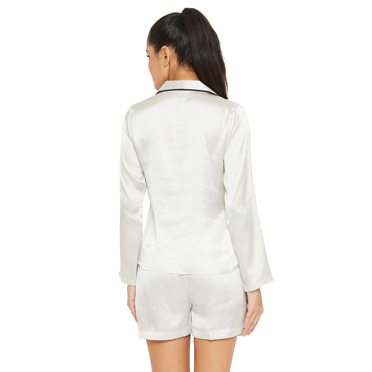 Women White Satin Finish Solid Night Suit