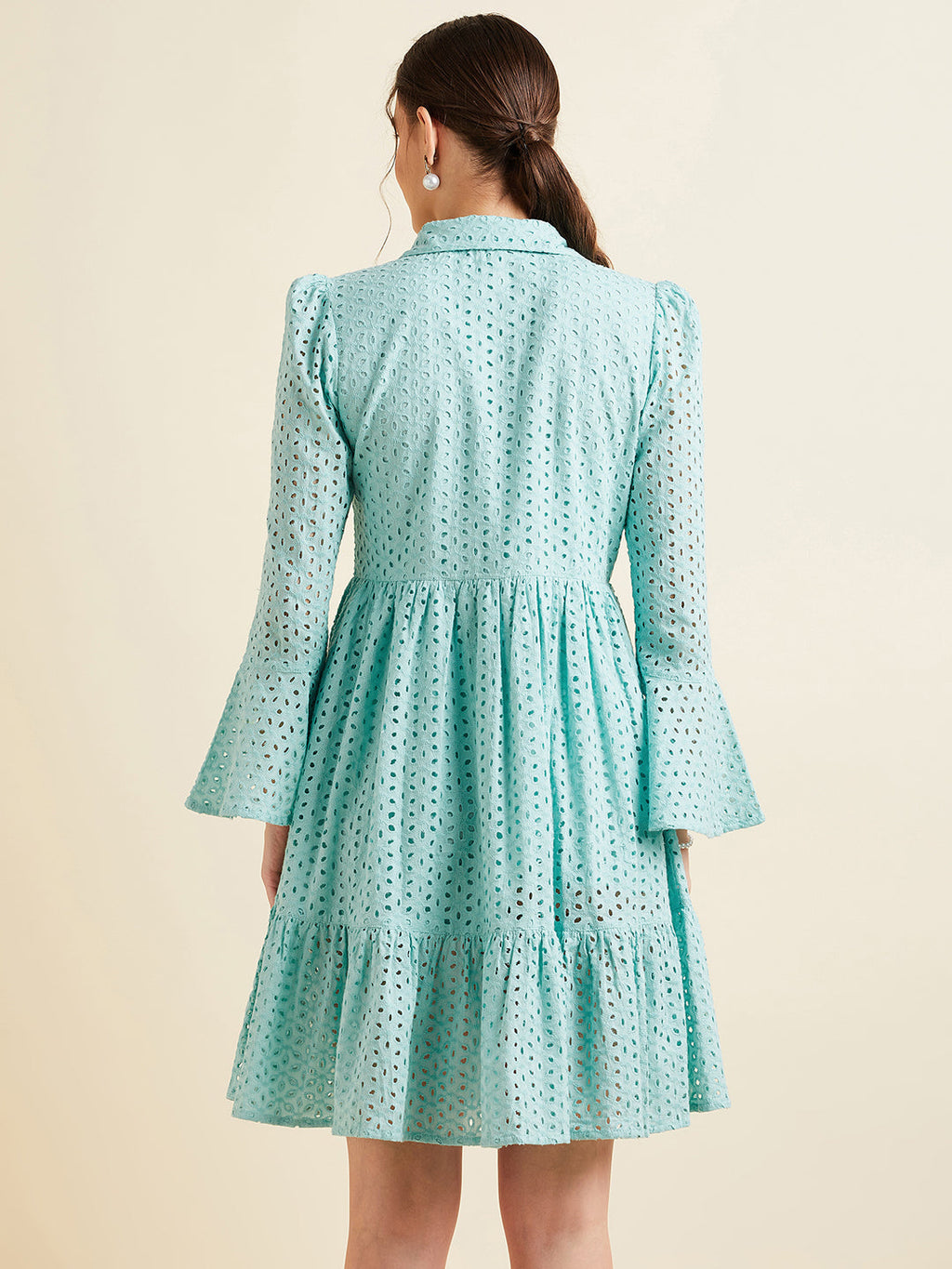 Women Blue Shirt Collar Bell Sleeve Ruffled Schiffli Cotton A-line Dress