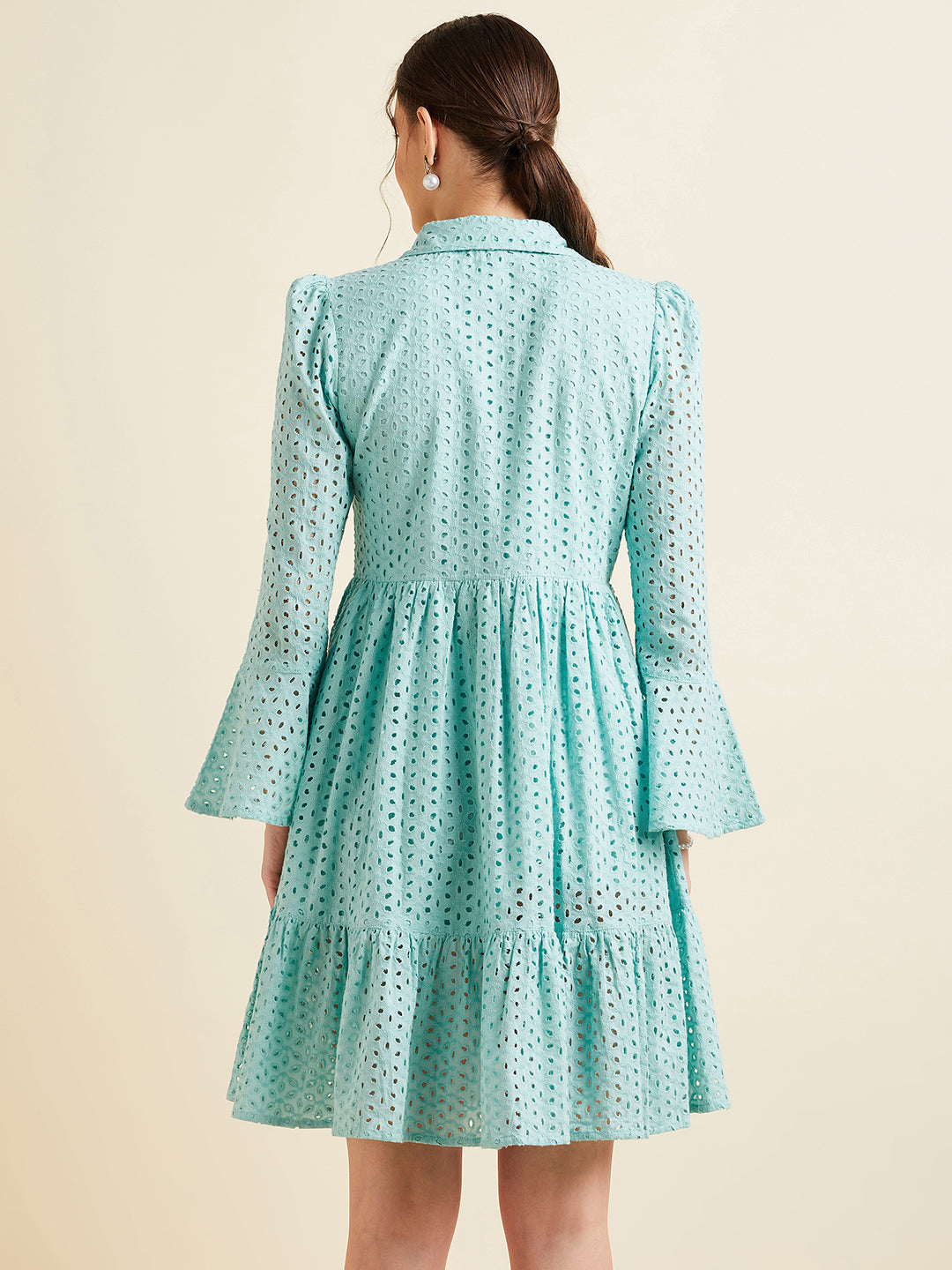Women Blue Shirt Collar Bell Sleeve Ruffled Schiffli Cotton A-line Dress