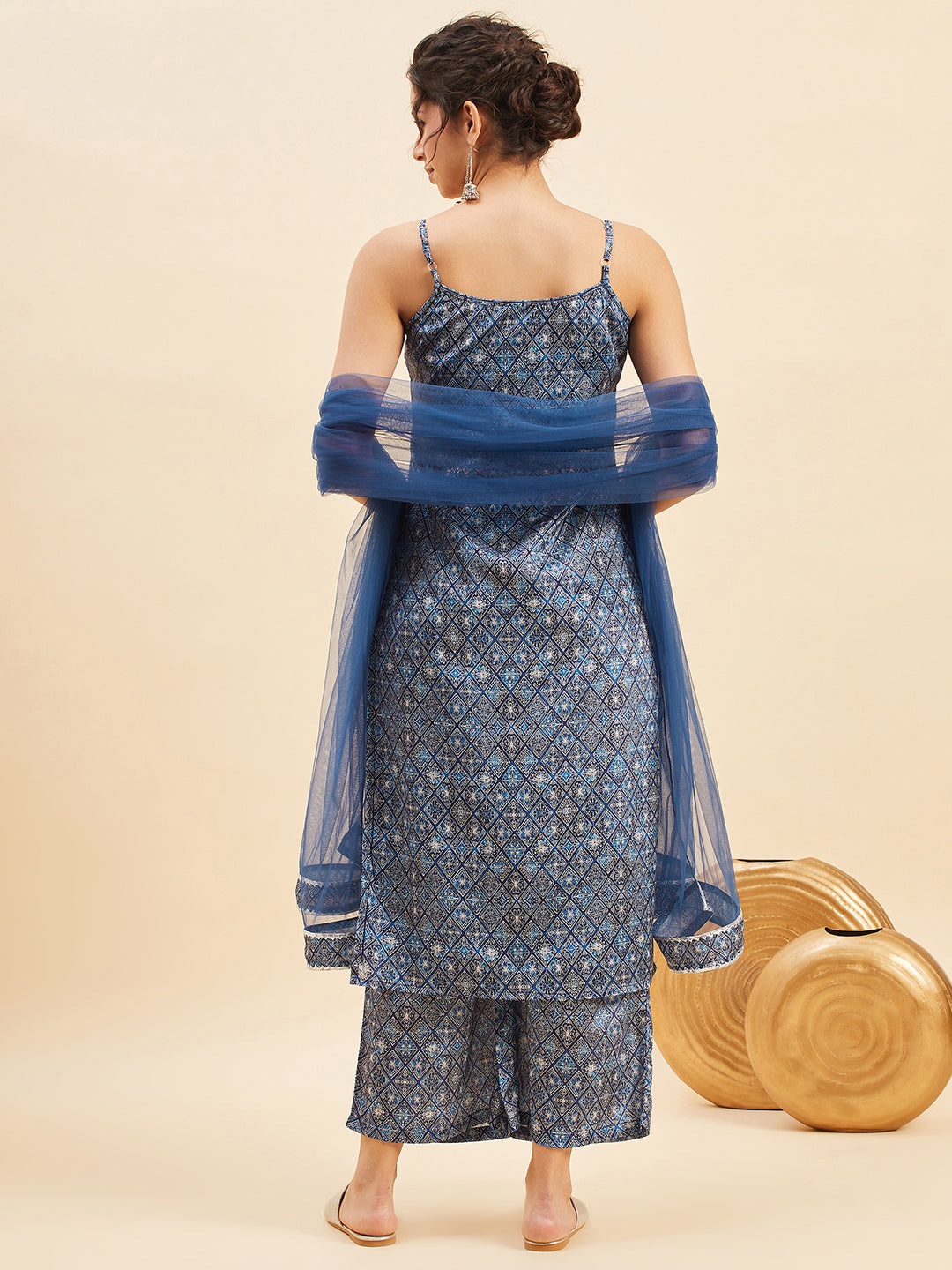 Geometric Printed Shoulder Straps Straight Kurta With Palazzo & Dupatta