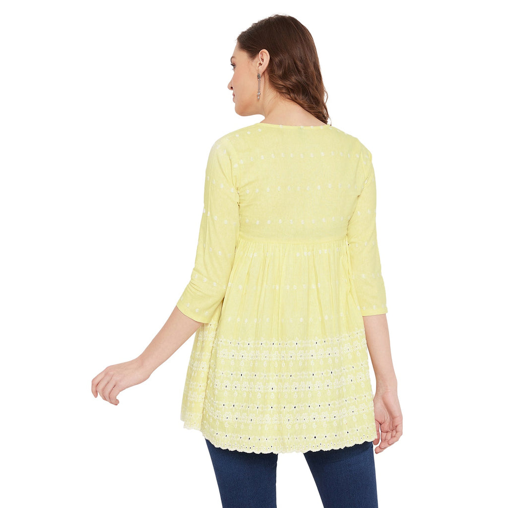 Women Yellow Schiffli A-Line Flared Top