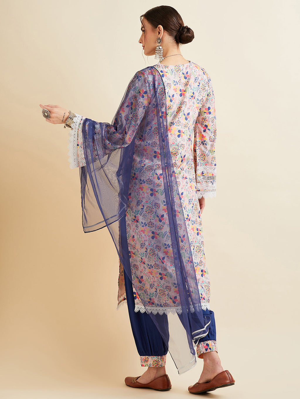 Floral Printed High Slit Patchwork Kurta with Salwar & With Dupatta