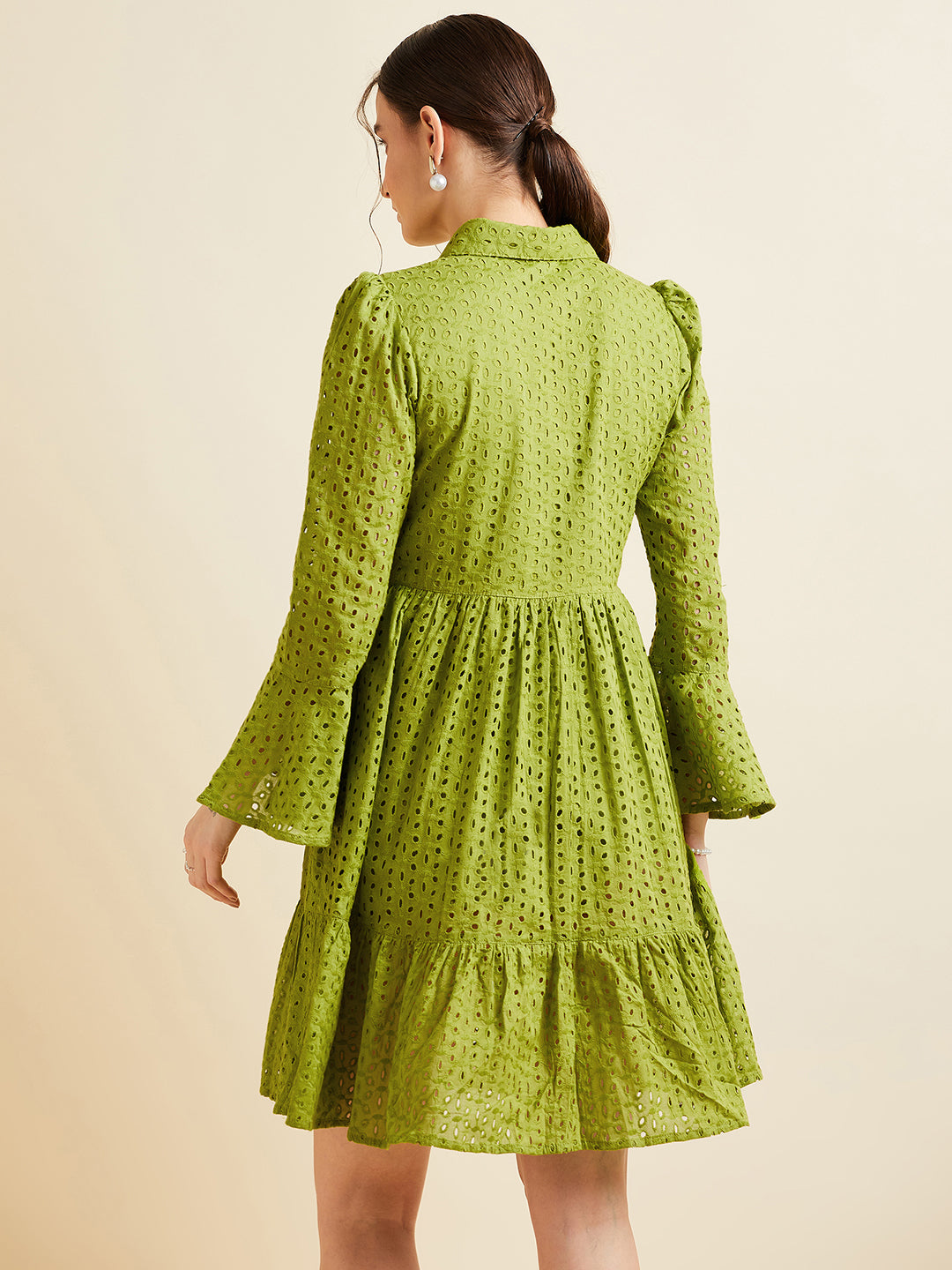 Women Green Shirt Collar Bell Sleeve Ruffled Schiffli Cotton A-line Dress