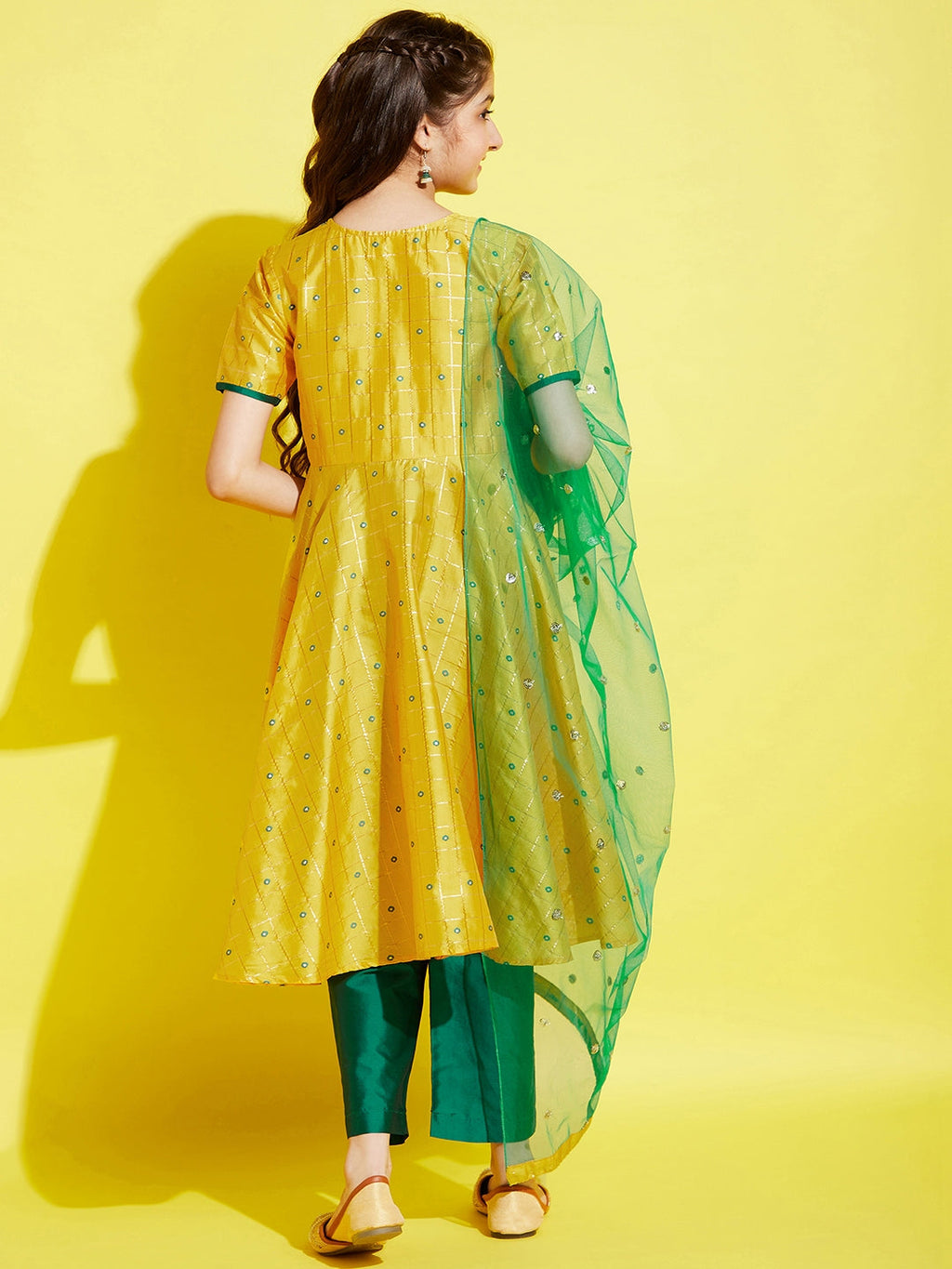 Girl Yellow Self Design Kurta with Palazzos with dupatta