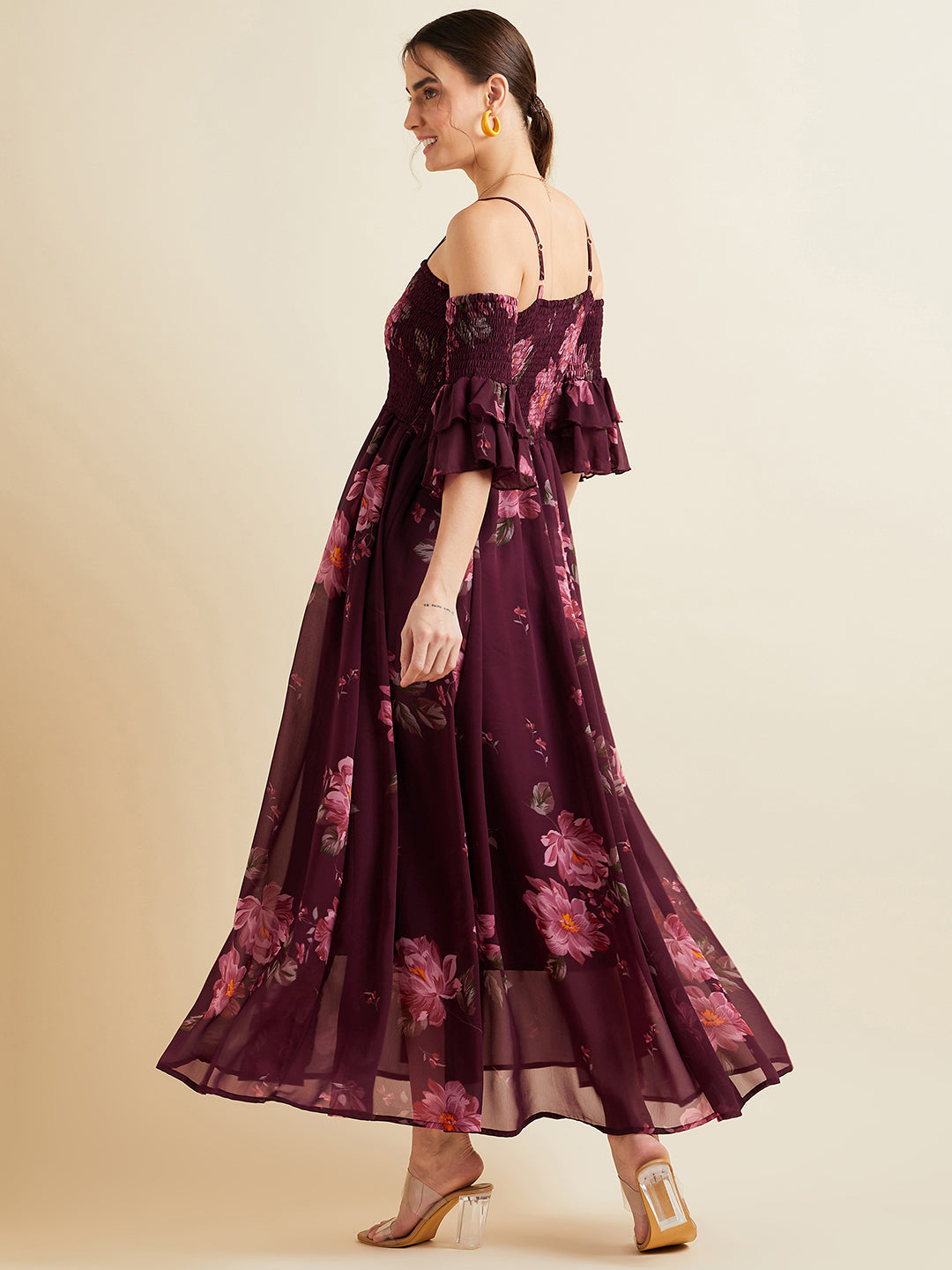 Burgundy & Pink Floral Printed Shoulder Straps Smocked Georgette Maxi Dress