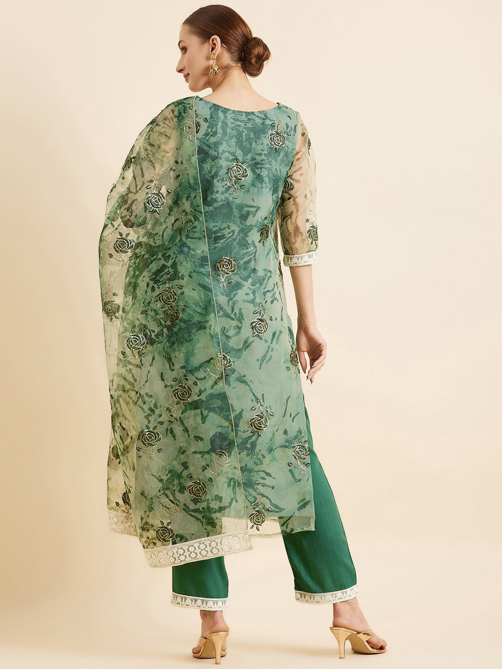 Floral Embroidered Kurta With Trousers & Dupatta