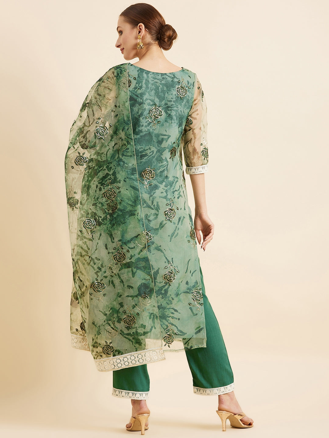 Floral Embroidered Kurta With Trousers & Dupatta