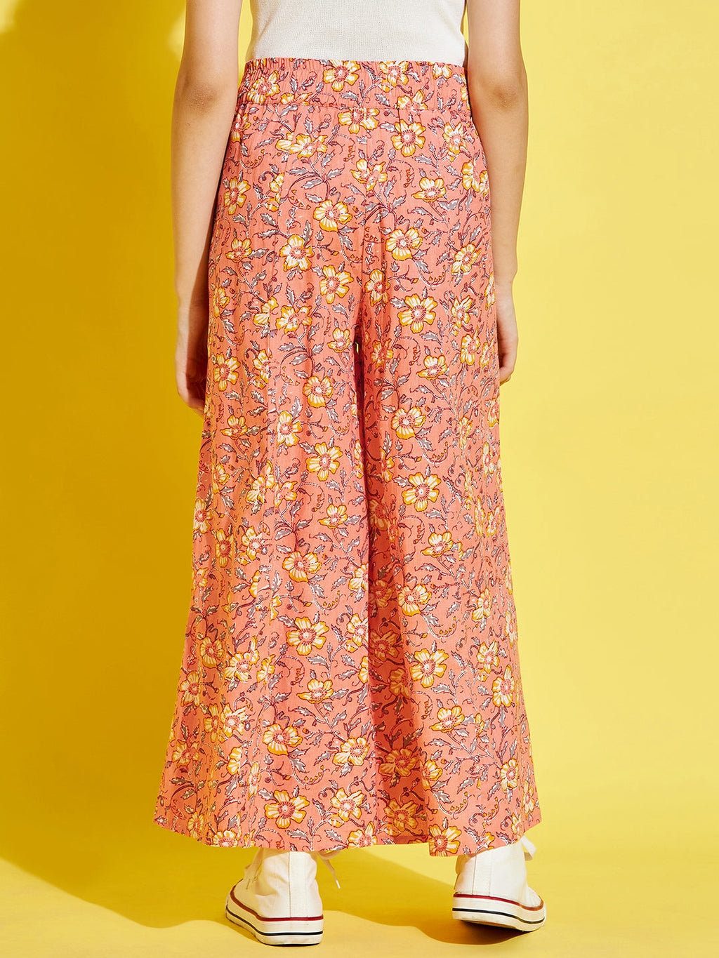 Cherry Jerry Girls Orange Floral Printed Relaxed Pleated Cotton Trousers