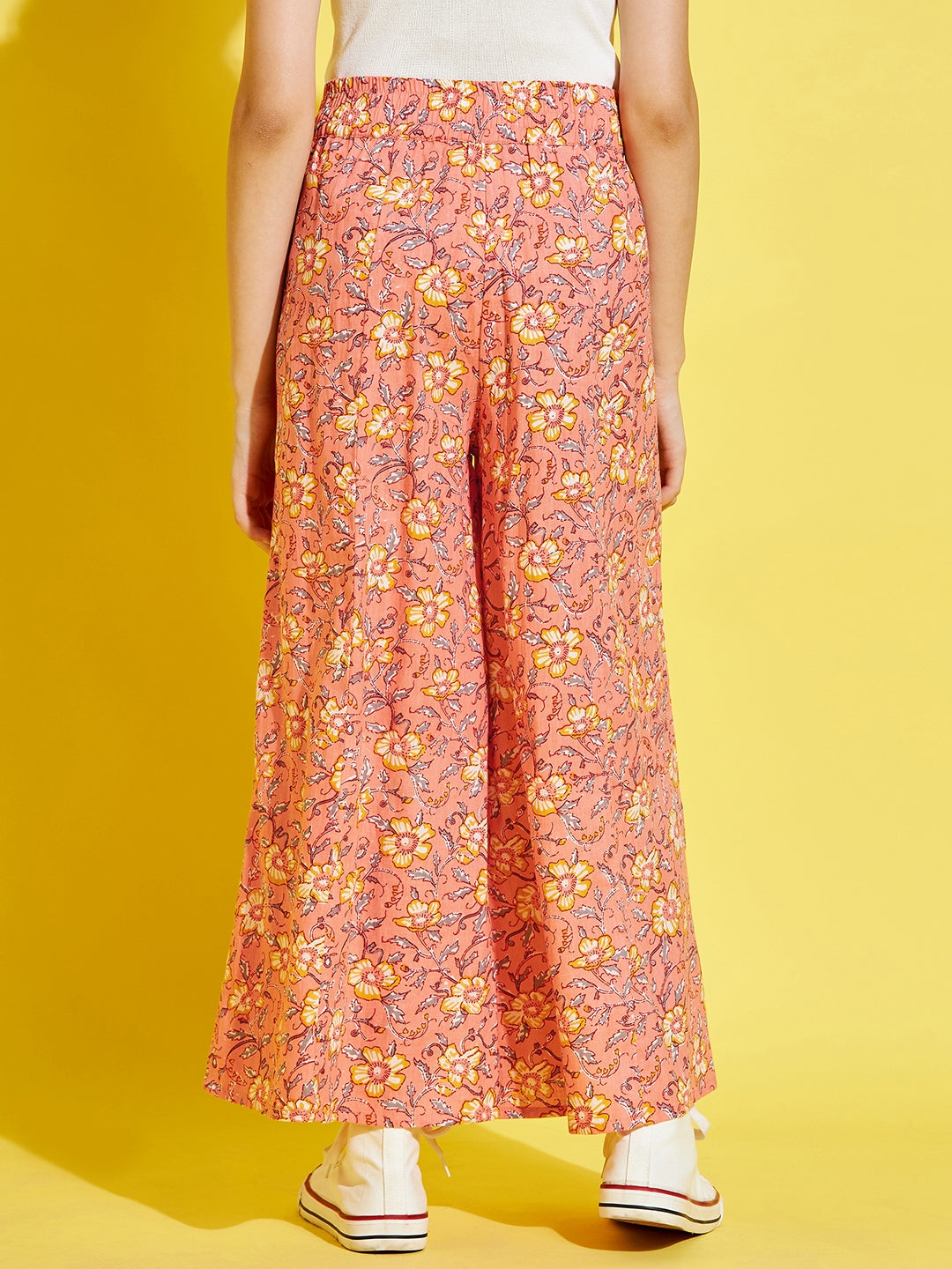Cherry Jerry Girls Orange Floral Printed Relaxed Pleated Cotton Trousers
