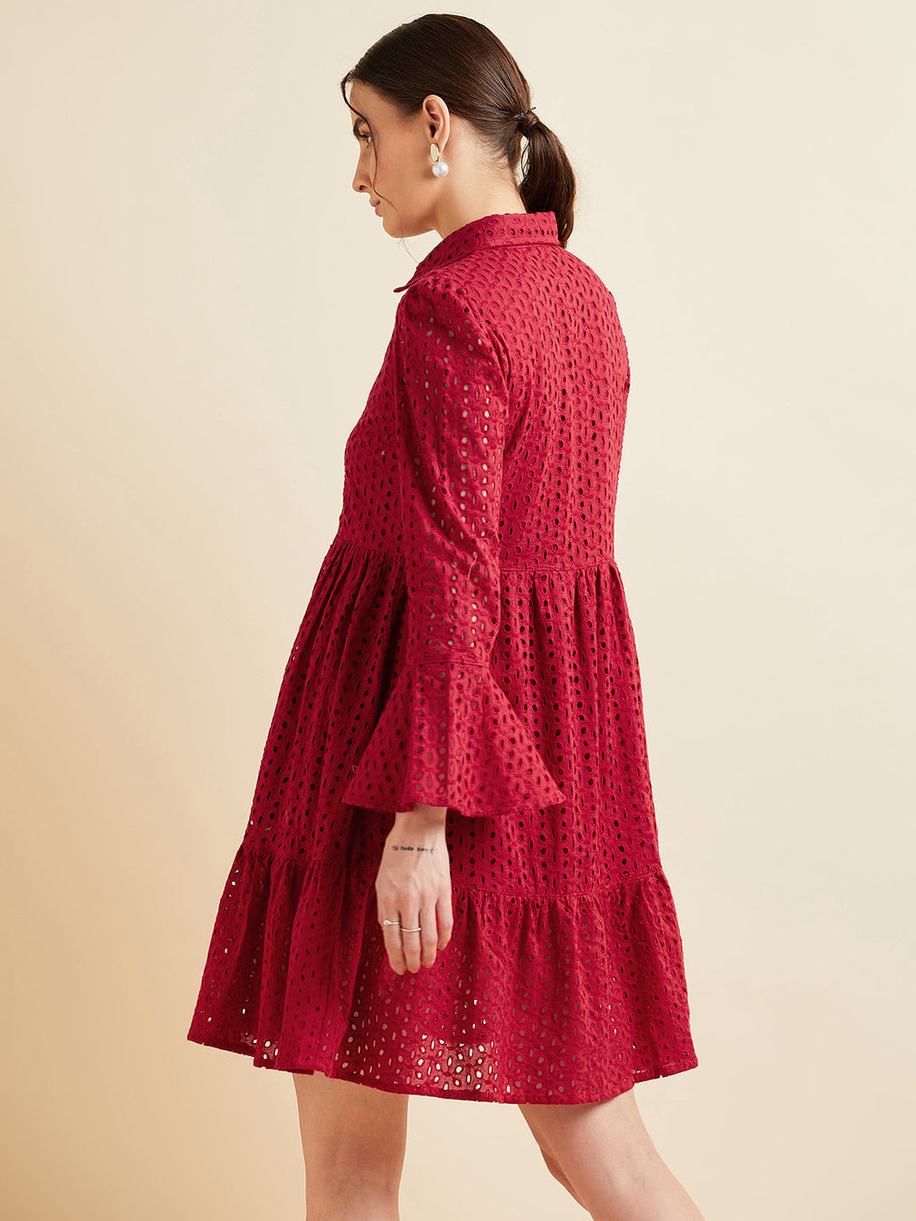 Women Maroon Shirt Collar Bell Sleeve Ruffled Schiffli Cotton A-line Dress