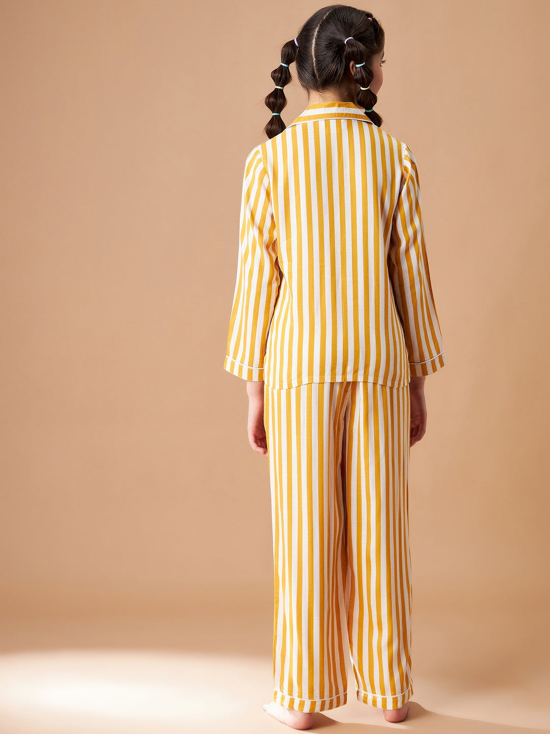 Girls Yellow Striped Cotton Night Suit Set
