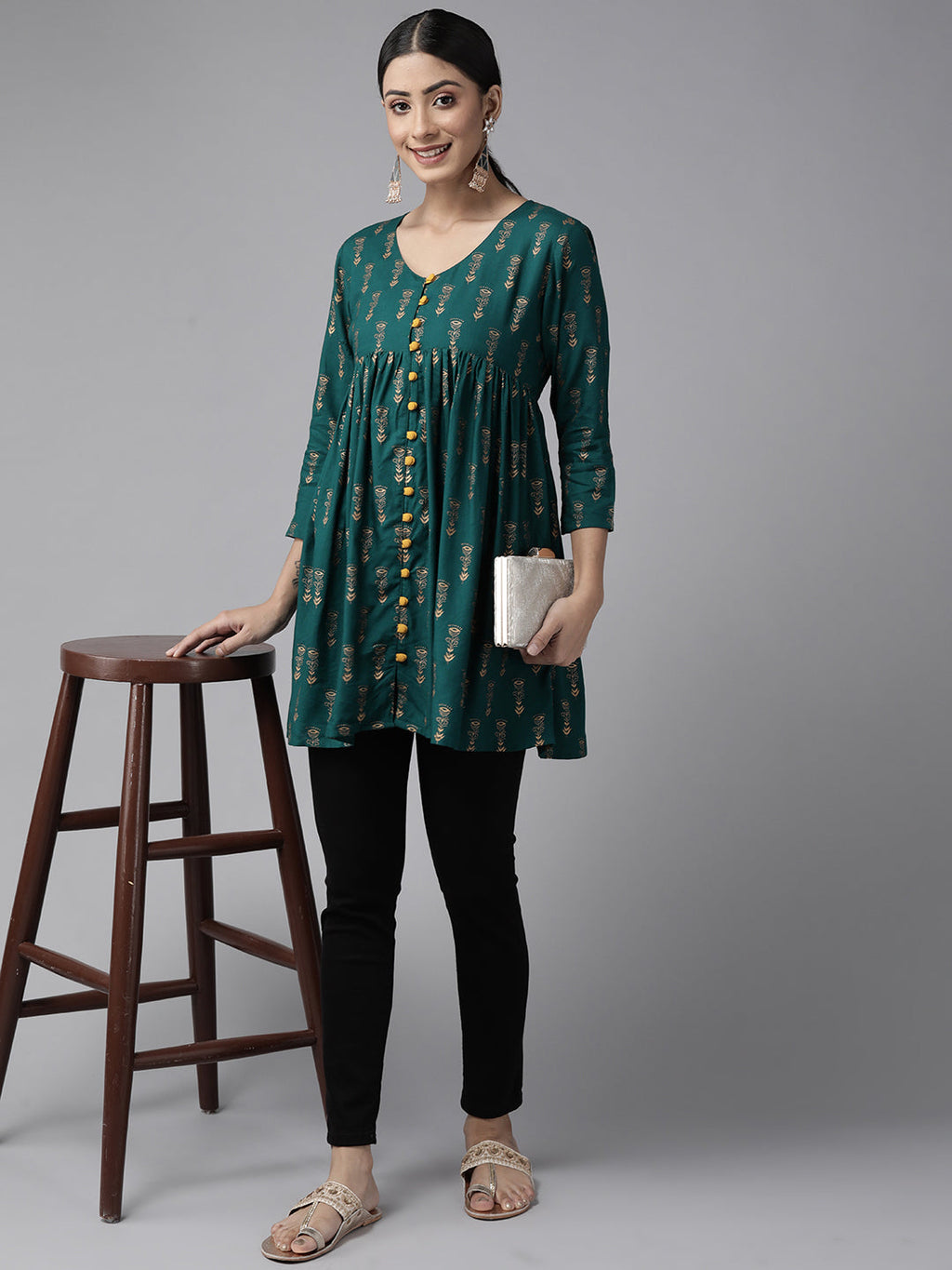 PANIT Women Green Ethnic Motifs Printed Pleated Kurti